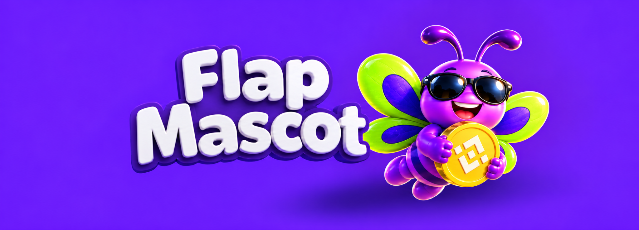 Flap Mascot: a smiling purple butterfly wearing sunglasses, with lime green wings and a golden coin