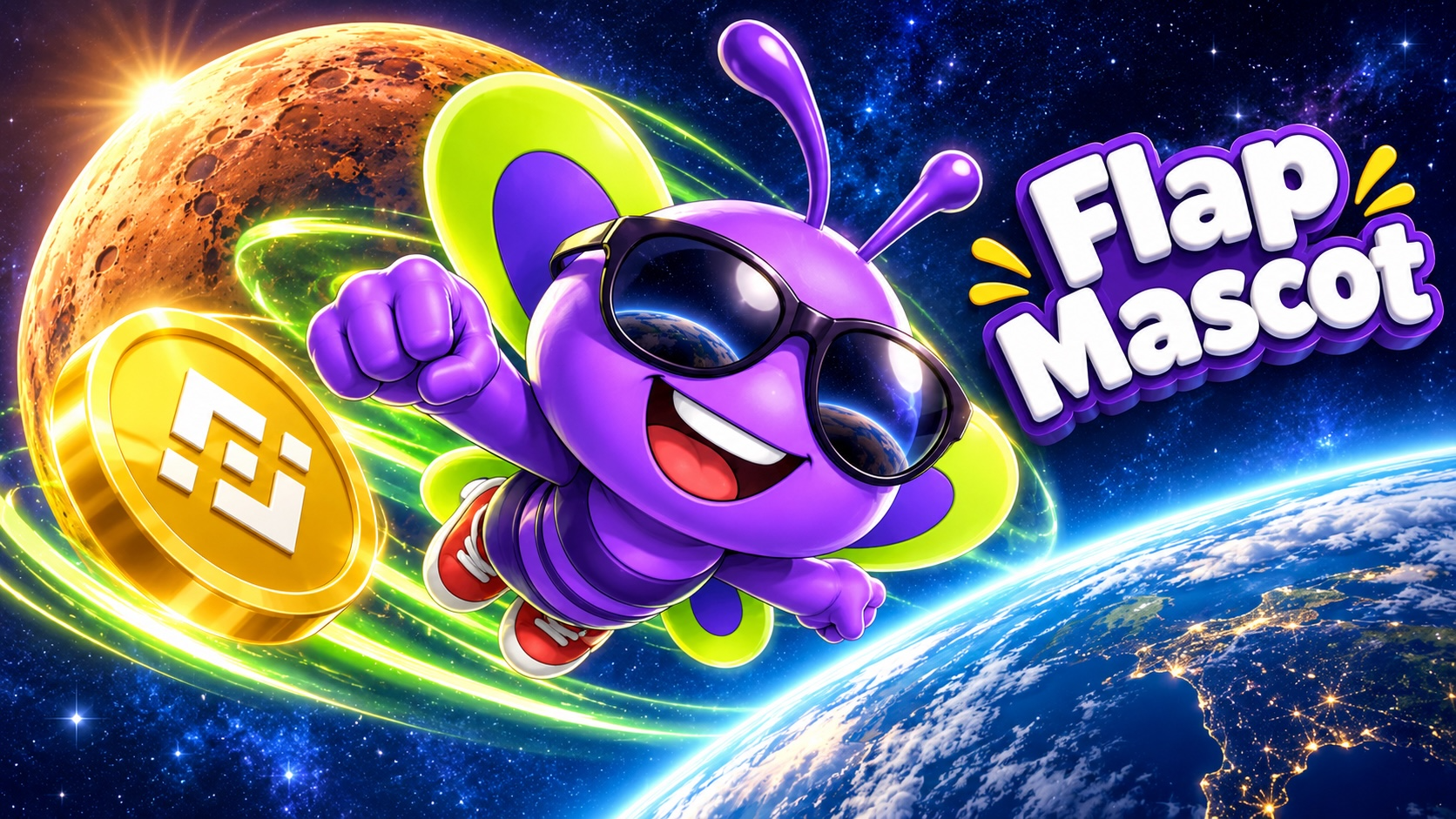 Flap Mascot flying above Earth with a glowing golden coin