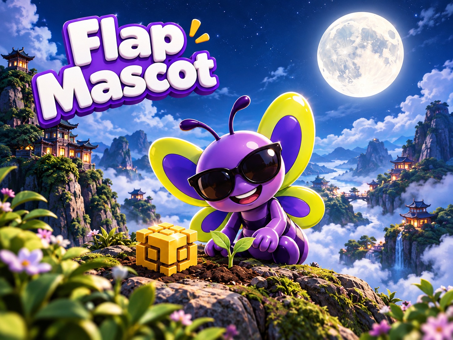 Flap Mascot resting on a mossy rock beneath the full moon