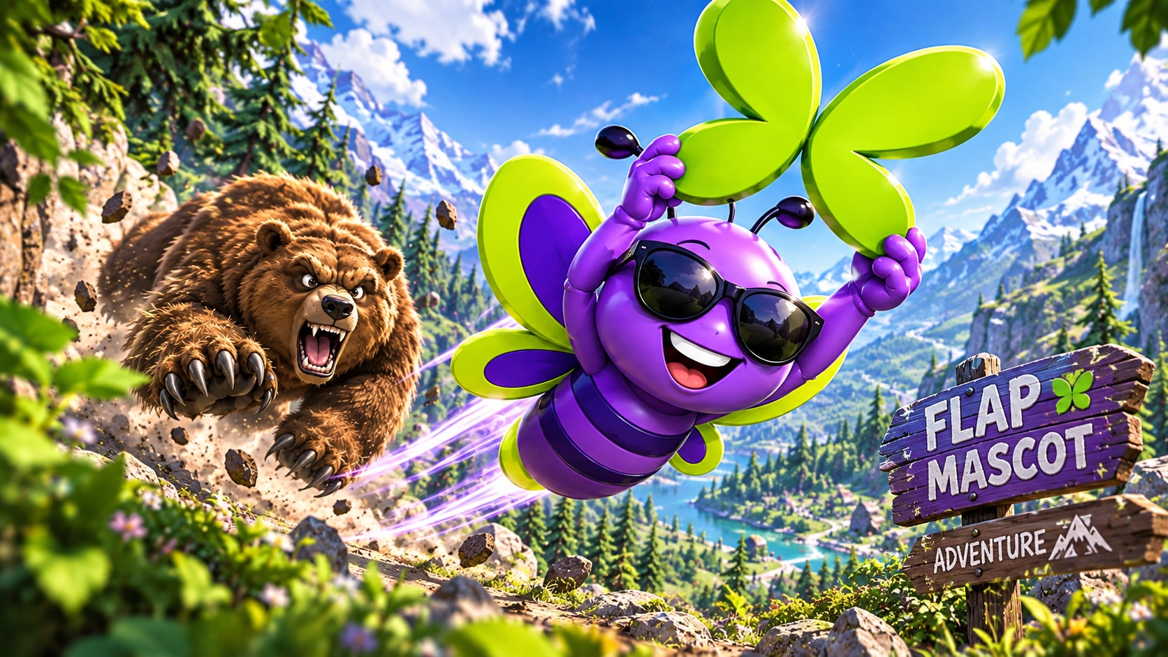Flap Mascot exploring a jungle beside a tiger