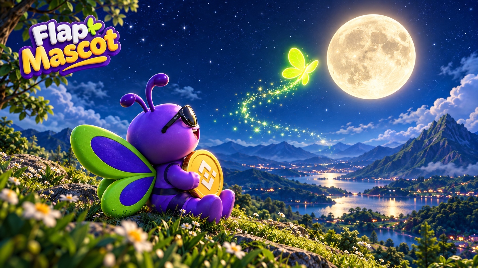 Flap Mascot watching the full moon over a valley