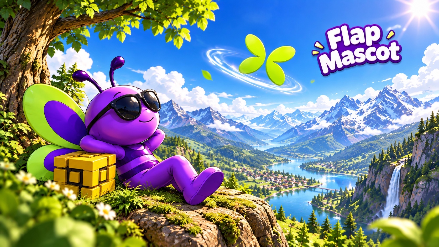 Flap Mascot resting in a mountain landscape