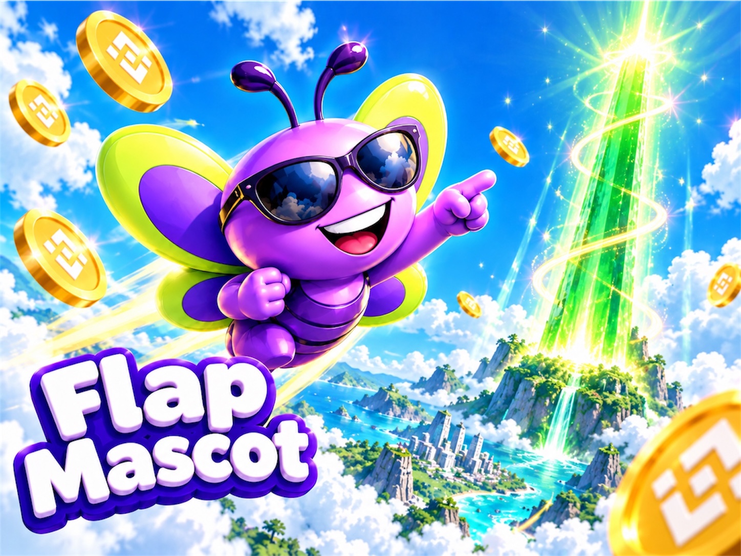 Flap Mascot flying toward a green beam of light