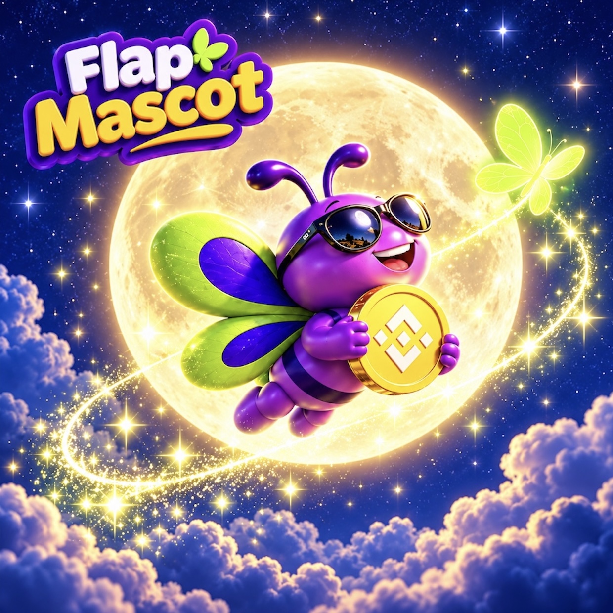 Flap Mascot sitting on a glowing moon