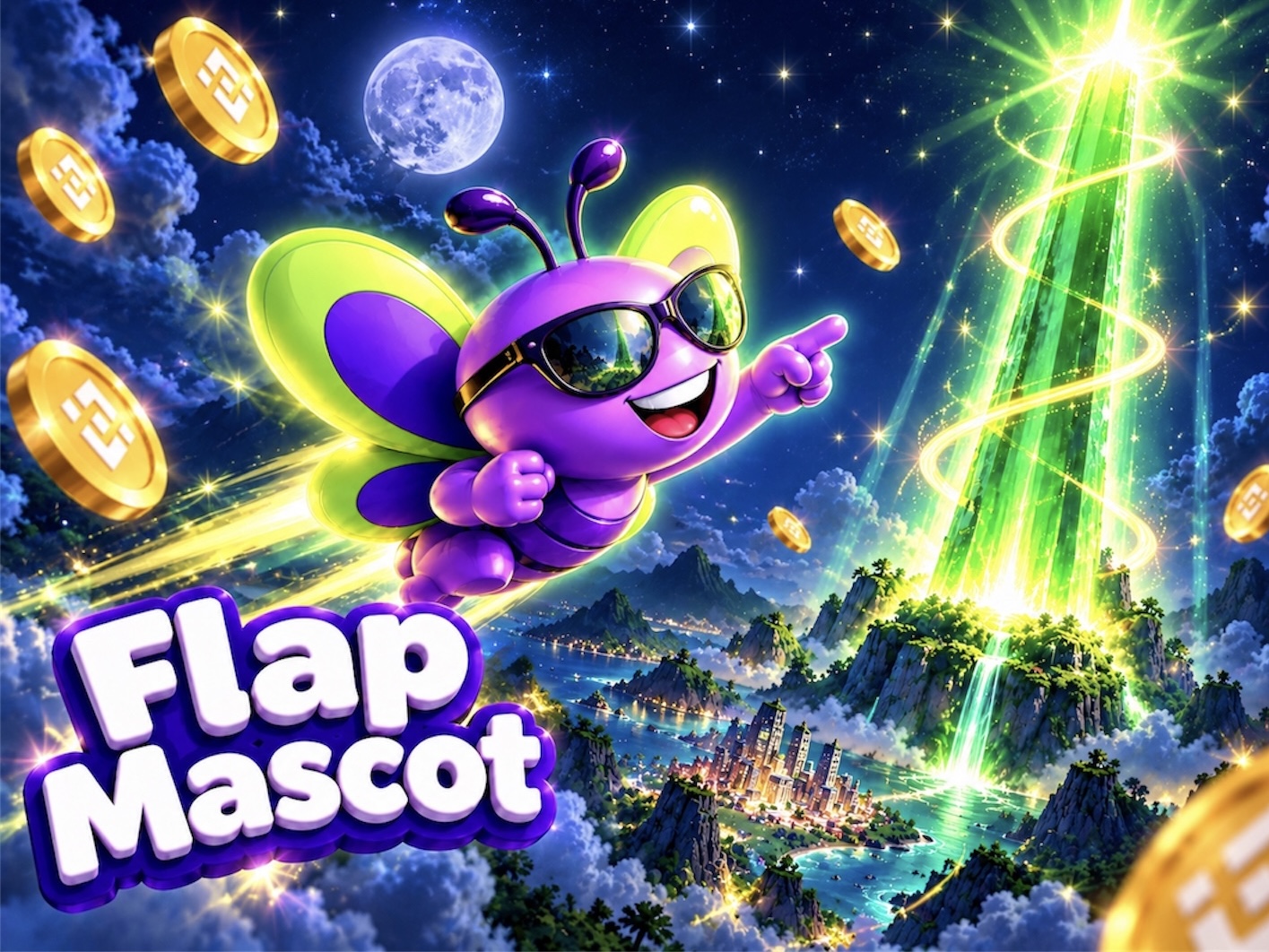 Flap Mascot flying through a bright fantasy landscape
