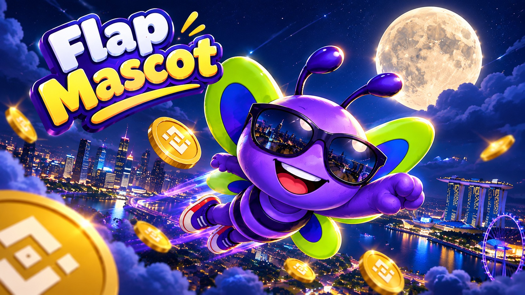 Flap Mascot flying over a moonlit city with golden coins
