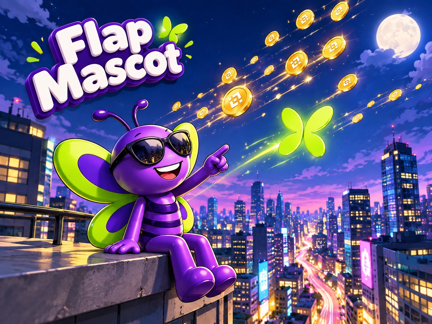 Flap Mascot sitting above the city beneath a trail of golden coins